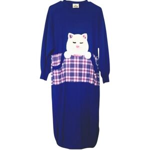 Vintage 80s Blue Cabin Plaid Flannel Pajama Cat Loungewear Nightie Sz S/M